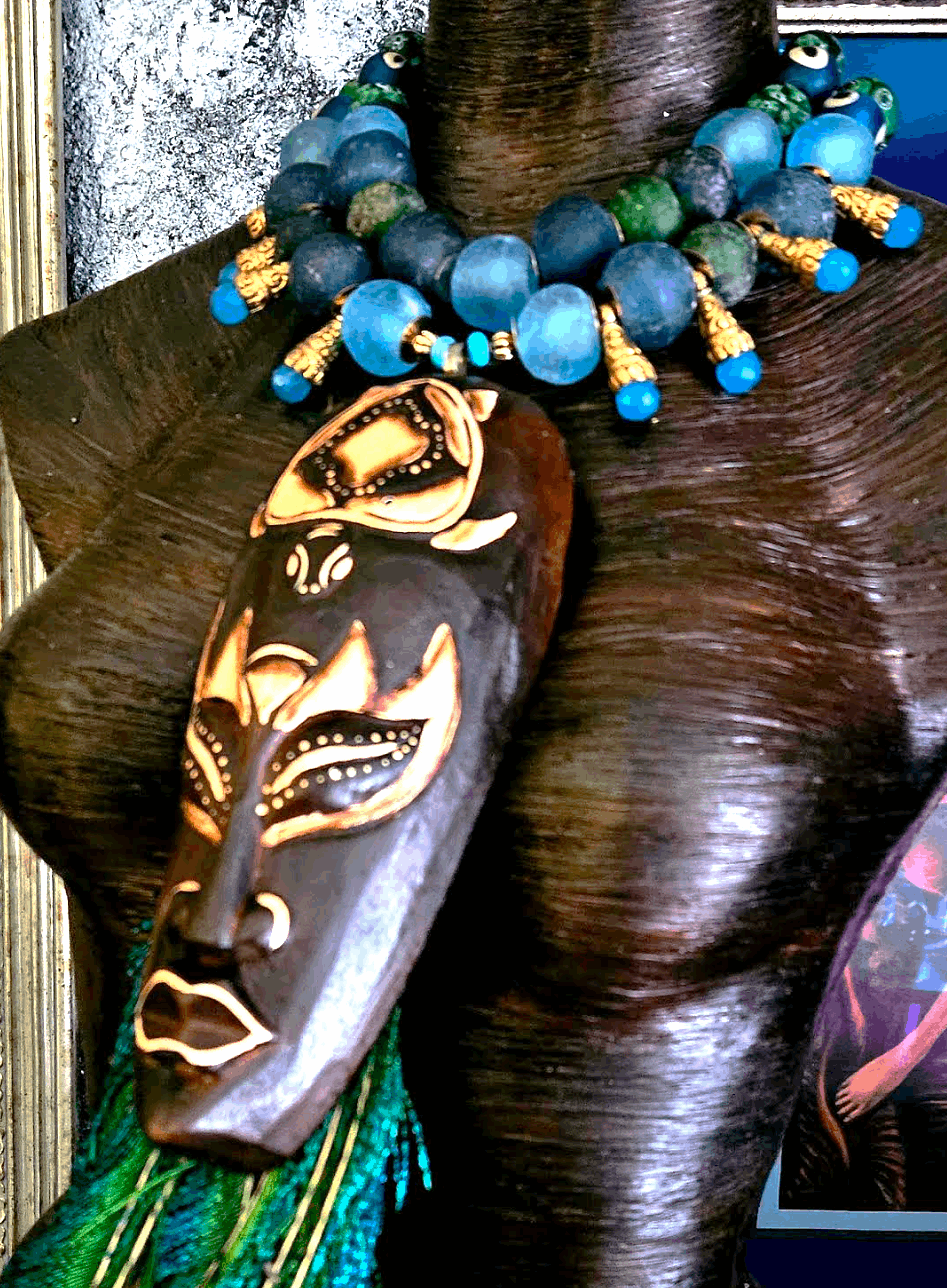 Amazon Goddess Tribal Chest Piece, Peacock Feather Statement Necklace, Exotic Wild Carved Wood Talisman Bib