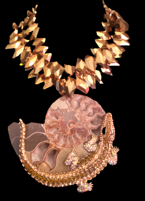 Ammonite Fossil & Rhinestone Crocodile Statement Pendant Chest Piece