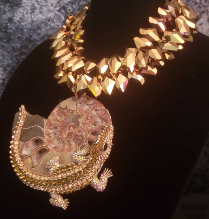 Ammonite Fossil & Rhinestone Crocodile Statement Pendant Chest Piece