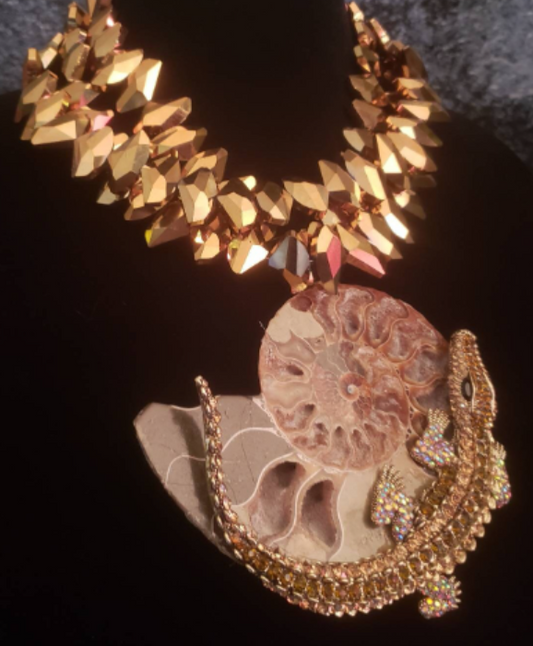 Ammonite Fossil & Rhinestone Crocodile Statement Pendant Chest Piece