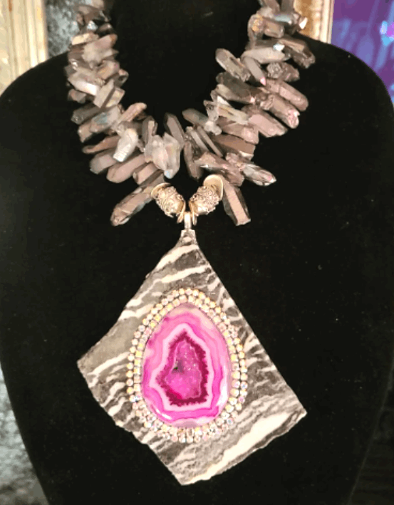 Artisan Pendant Zebra Jasper Slab Agate, Statement Necklace Branch Quartz Black Gray, Chest Piece Gemstone Unisex