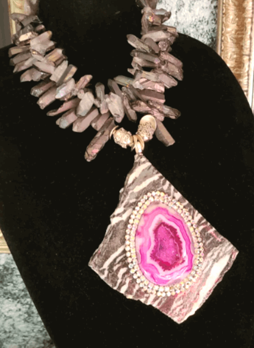 Artisan Pendant Zebra Jasper Slab Agate, Statement Necklace Branch Quartz Black Gray, Chest Piece Gemstone Unisex