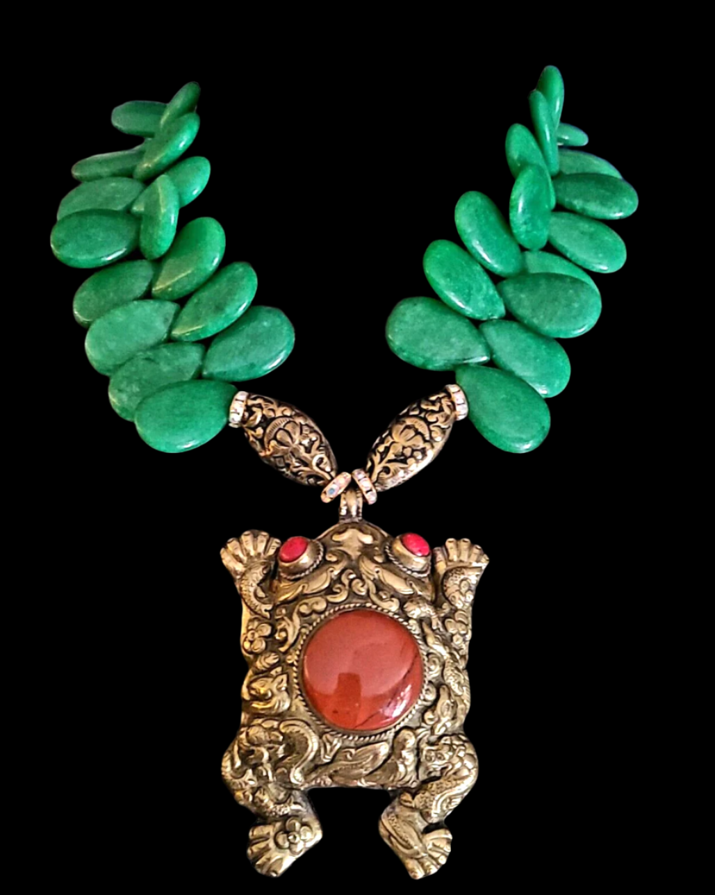 Ornate Tibetan Repousse Inlaid Frog Pendant With Green Agate Teardrop Necklace