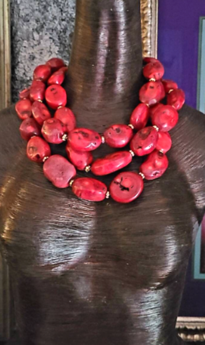 Statement Luxury Necklace Multi Strand Red Coral Ovals, Choker Luxury