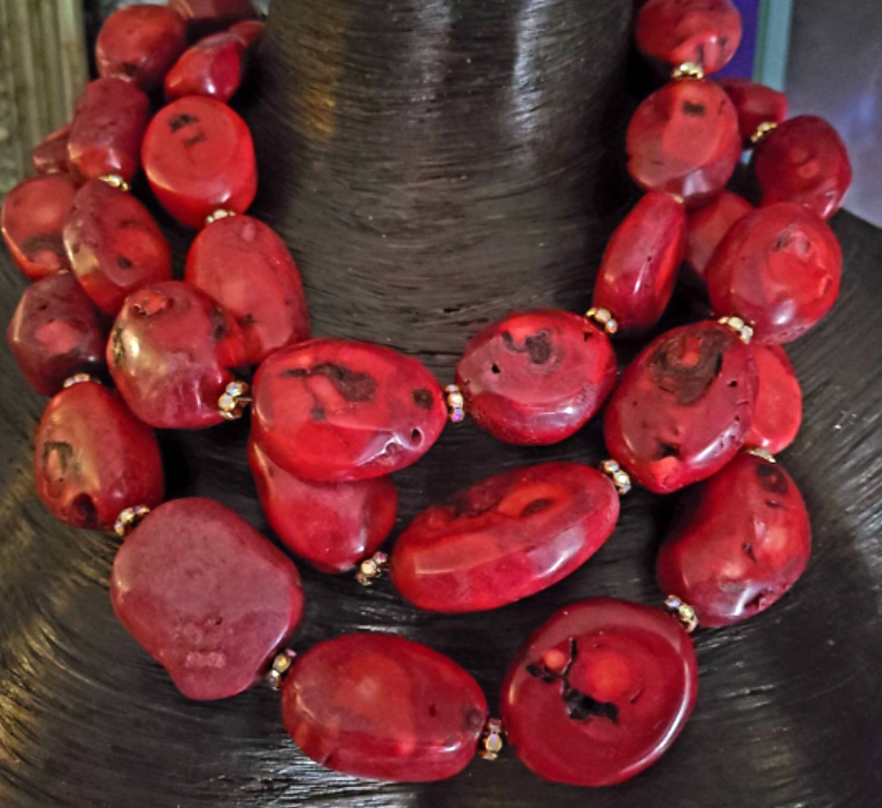 Statement Luxury Necklace Multi Strand Red Coral Ovals, Choker Luxury