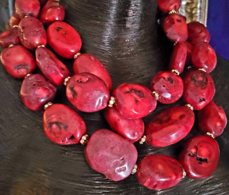 Statement Luxury Necklace Multi Strand Red Coral Ovals, Choker Luxury