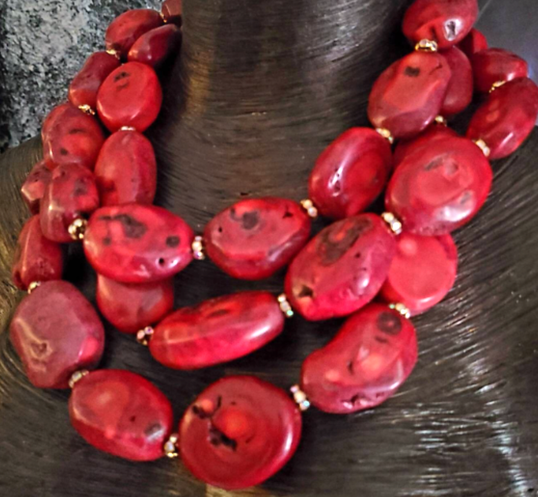 Statement Luxury Necklace Multi Strand Red Coral Ovals, Choker Luxury