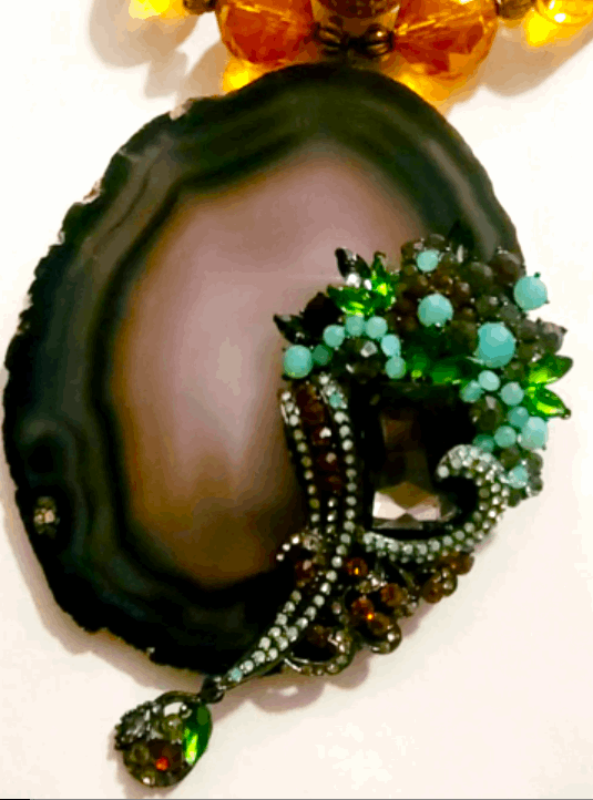 Agate Pendant Huge Floral Rhinestone Art Nouveau Statement Necklace Luxury Beaded Crystal Wedding Bridal Venue Mother of the Bride
