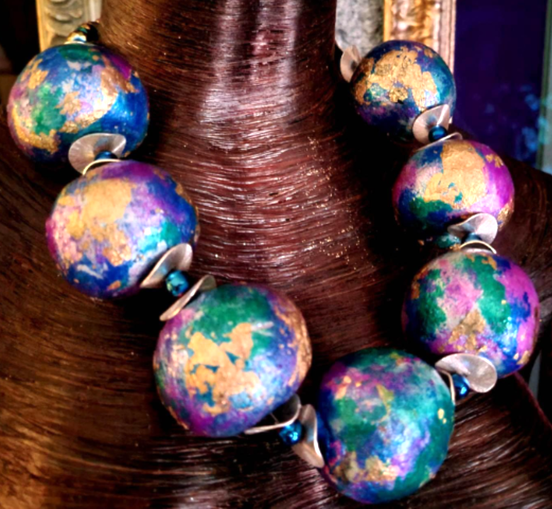 Statement Luxury Necklace Beaded Sculpted Massive Orbs Jewel Tone Neck