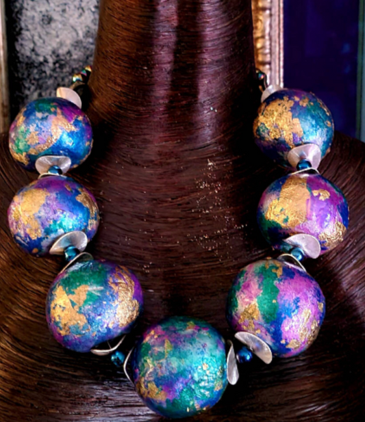 Statement Luxury Necklace Beaded Sculpted Massive Orbs Jewel Tone Neck