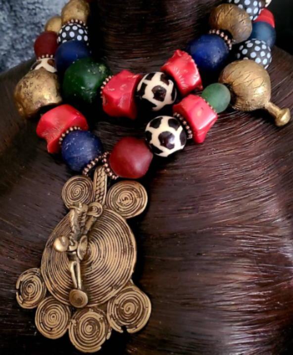 African Inspired Tribal Statement Necklace With Warrior Pendant - OOAK Art