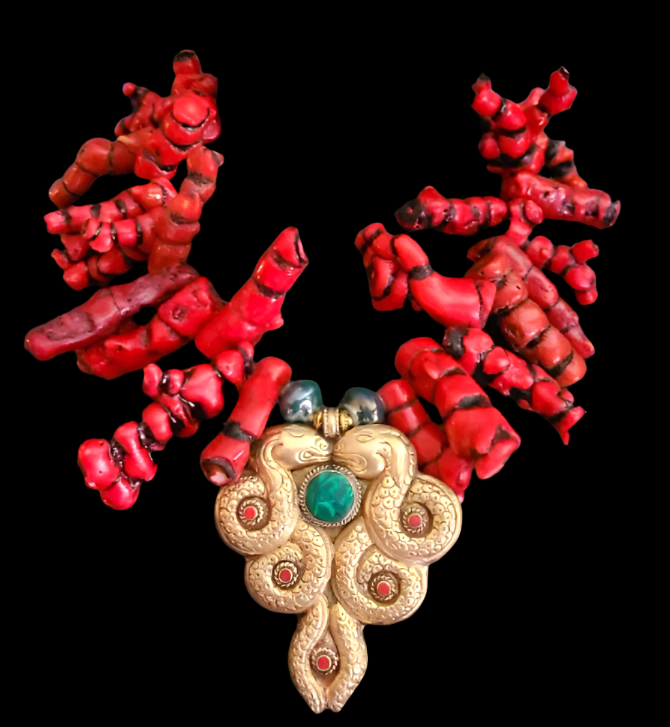 Rattlesnake Branch Coral Statement Necklace With Double Snake Brass Repousse Pendant