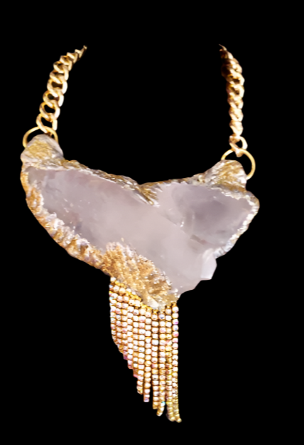 Sculpted Quartz Pendant - Rhinestone Fringe Avant Garde