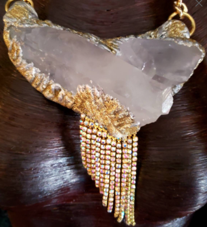 Sculpted Quartz Gemstone Pendant With Rhinestone Fringe - Avant Garde