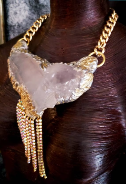 Sculpted Quartz Gemstone Pendant With Rhinestone Fringe - Avant Garde