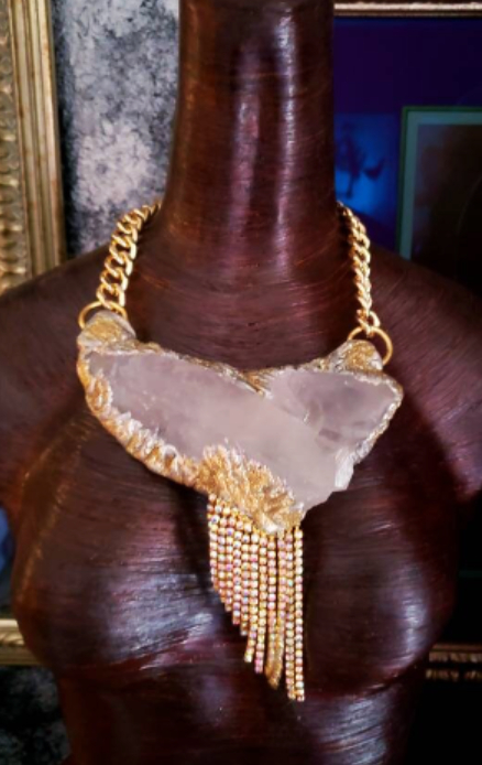 Sculpted Quartz Gemstone Pendant With Rhinestone Fringe - Avant Garde