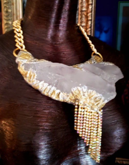 Sculpted Quartz Pendant - Rhinestone Fringe Avant Garde
