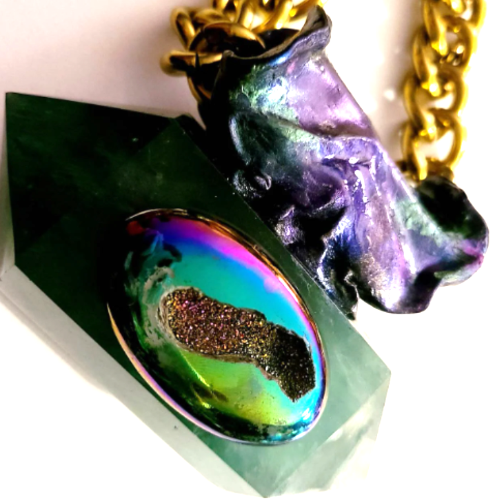 Gemstone Pendant Sculpted Green Fluorite Double Terminated Titanium Dr