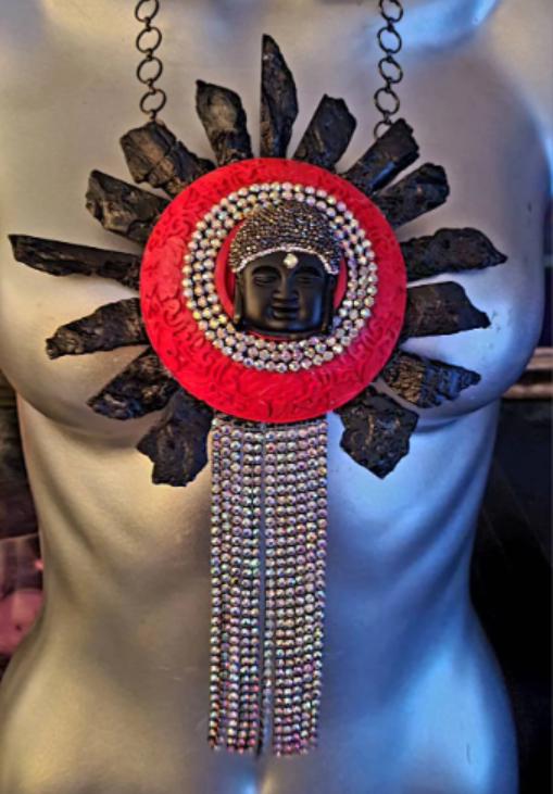 Chest Piece Red Cinnabar Rough Tourmaline Rhinestone Buddha Stateme