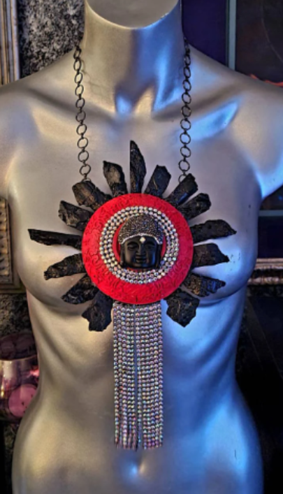 Chest Piece Red Cinnabar Rough Tourmaline Rhinestone Buddha Stateme