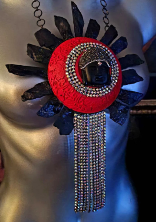 Chest Piece Red Cinnabar Rough Tourmaline Rhinestone Buddha Stateme