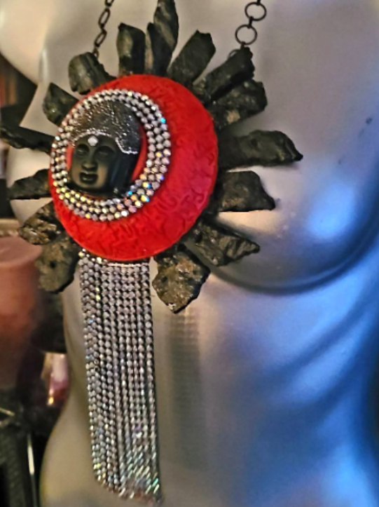Chest Piece Red Cinnabar Rough Tourmaline Rhinestone Buddha Stateme