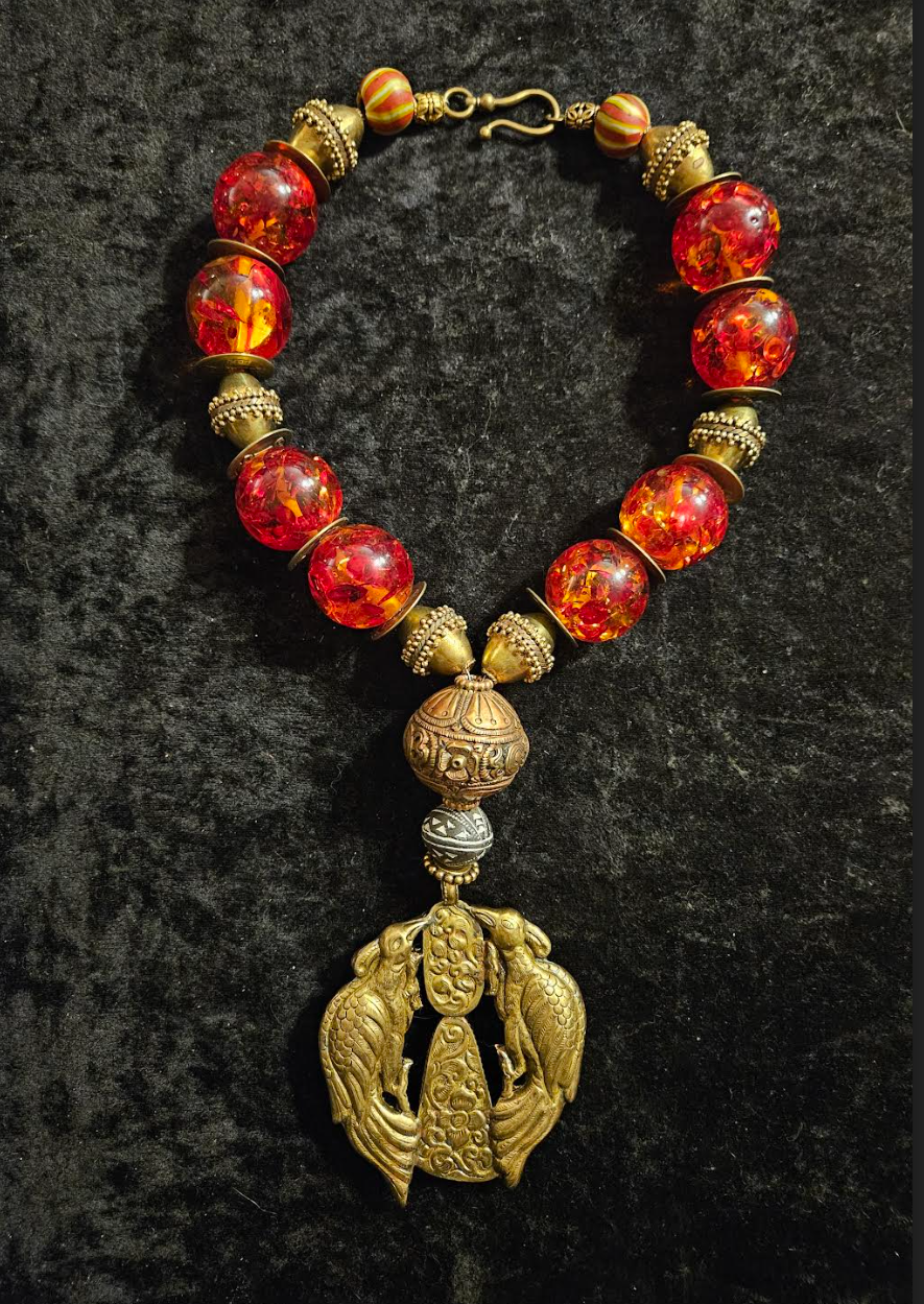 Faux Amber Tibetan Luxury Tribal Necklace & Double Bird Inlaid Pendant