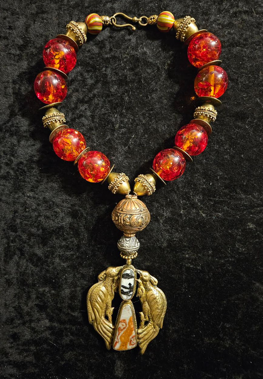 Tibetan Statement Necklace Tribal Amber Resin Ornate Brass Chinese Coin Copper & Krobo Glass Pendant Double Bird Brass Repousse