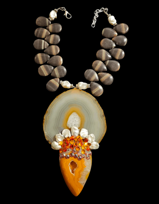 Agate Cultured Freshwater Pearl & Crystal Statement Pendant, Earth Tone Teardrop Necklace, Jewelry Mother of the Bride