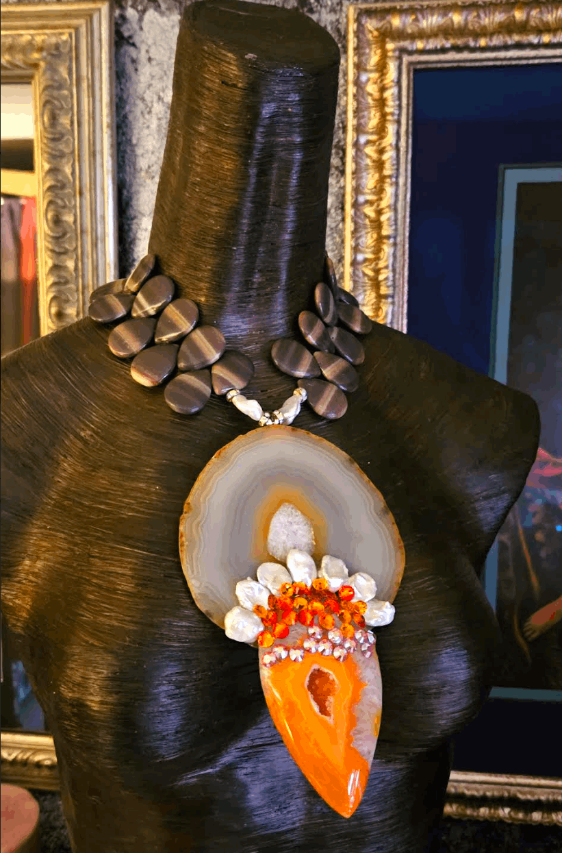 Agate Cultured Freshwater Pearl & Crystal Statement Pendant, Earth Tone Teardrop Necklace, Jewelry Mother of the Bride