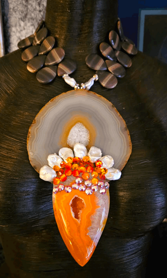 Agate Cultured Freshwater Pearl & Crystal Statement Pendant, Earth Tone Teardrop Necklace, Jewelry Mother of the Bride