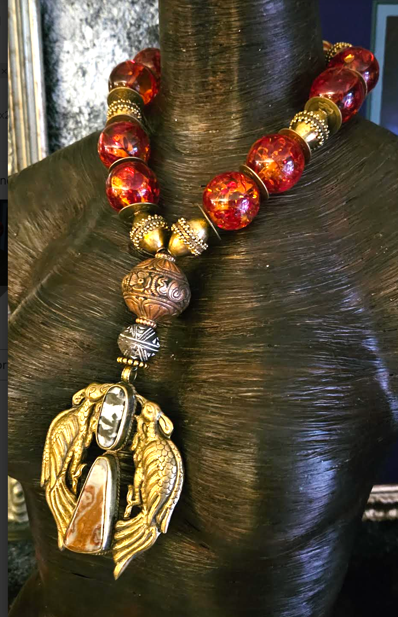 Faux Amber Tibetan Luxury Tribal Necklace & Double Bird Inlaid Pendant