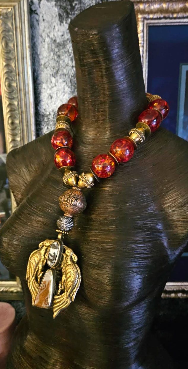 Faux Amber Tibetan Luxury Tribal Necklace & Double Bird Inlaid Pendant