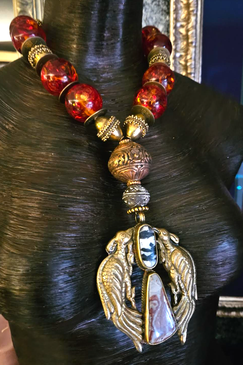 Faux Amber Tibetan Luxury Tribal Necklace & Double Bird Inlaid Pendant