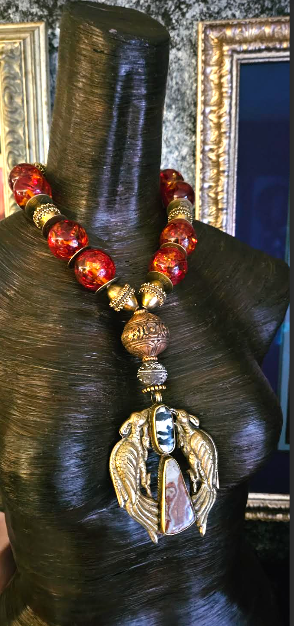 Faux Amber Tibetan Luxury Tribal Necklace & Double Bird Inlaid Pendant