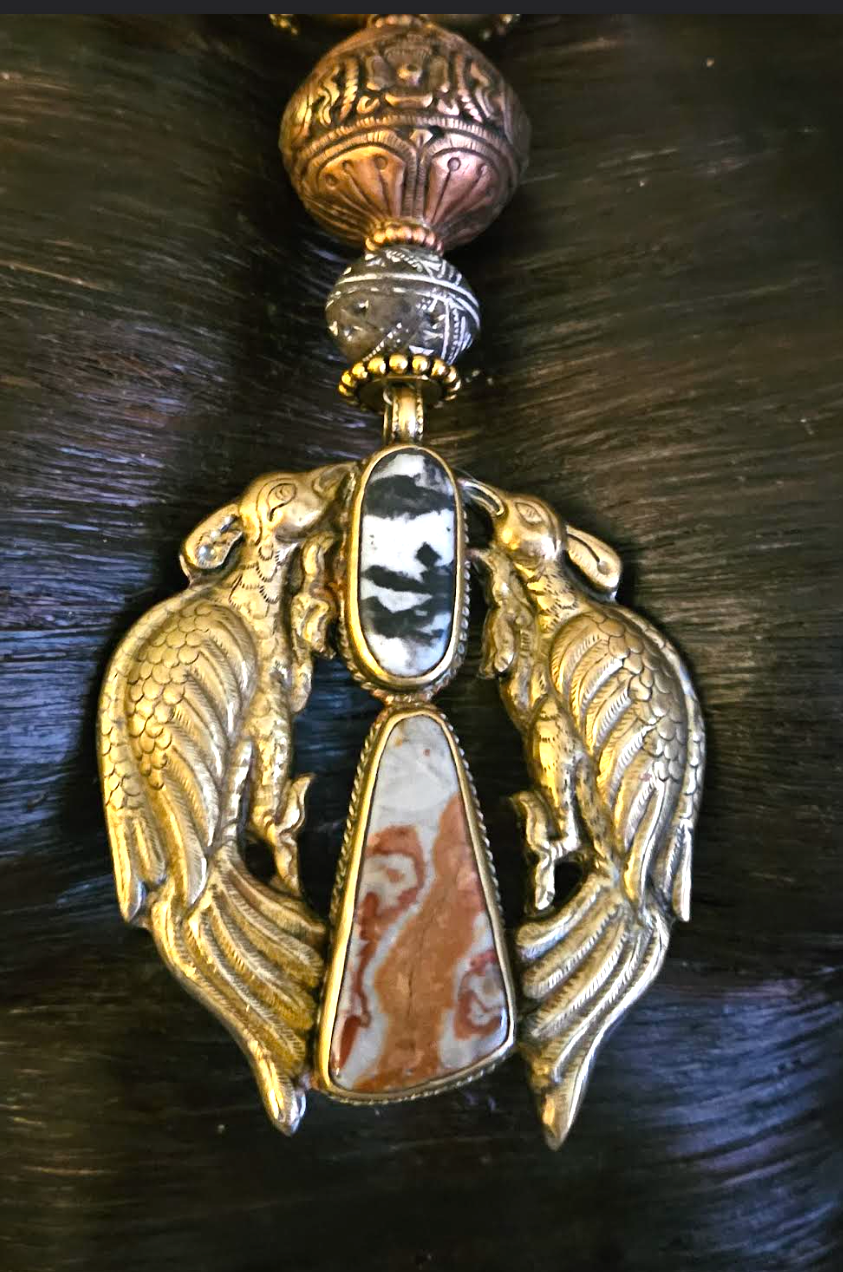 Faux Amber Tibetan Luxury Tribal Necklace & Double Bird Inlaid Pendant