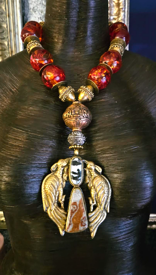 Faux Amber Tibetan Luxury Tribal Necklace & Double Bird Inlaid Pendant