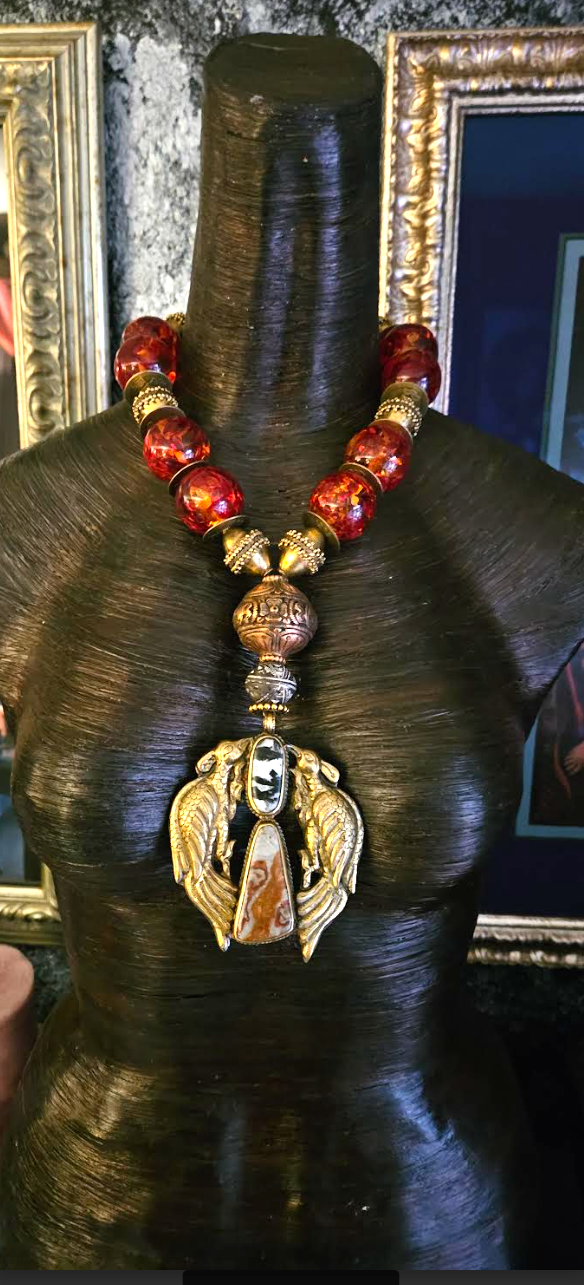 Faux Amber Tibetan Luxury Tribal Necklace & Double Bird Inlaid Pendant