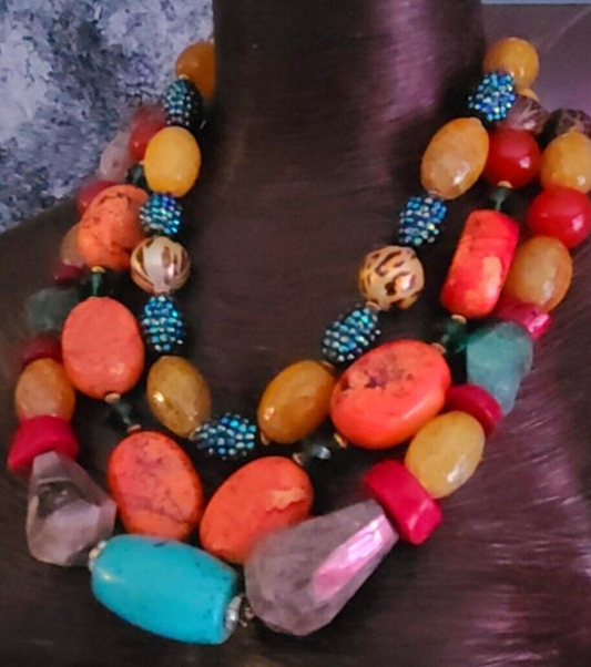 Statement Luxury Necklace Mixed Media Gemstone Bold Chunky Heavy, Jewe