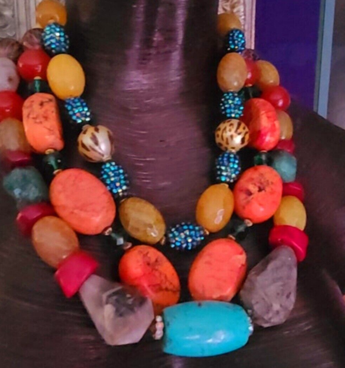 Statement Luxury Necklace Mixed Media Gemstone Bold Chunky Heavy, Jewe