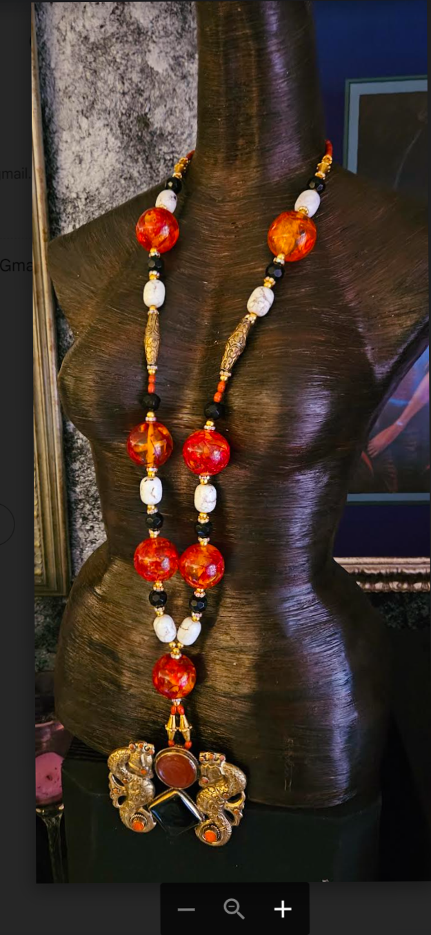 Faux Tibetan Amber Beaded Statement Rope with Double Seahorse Pendant