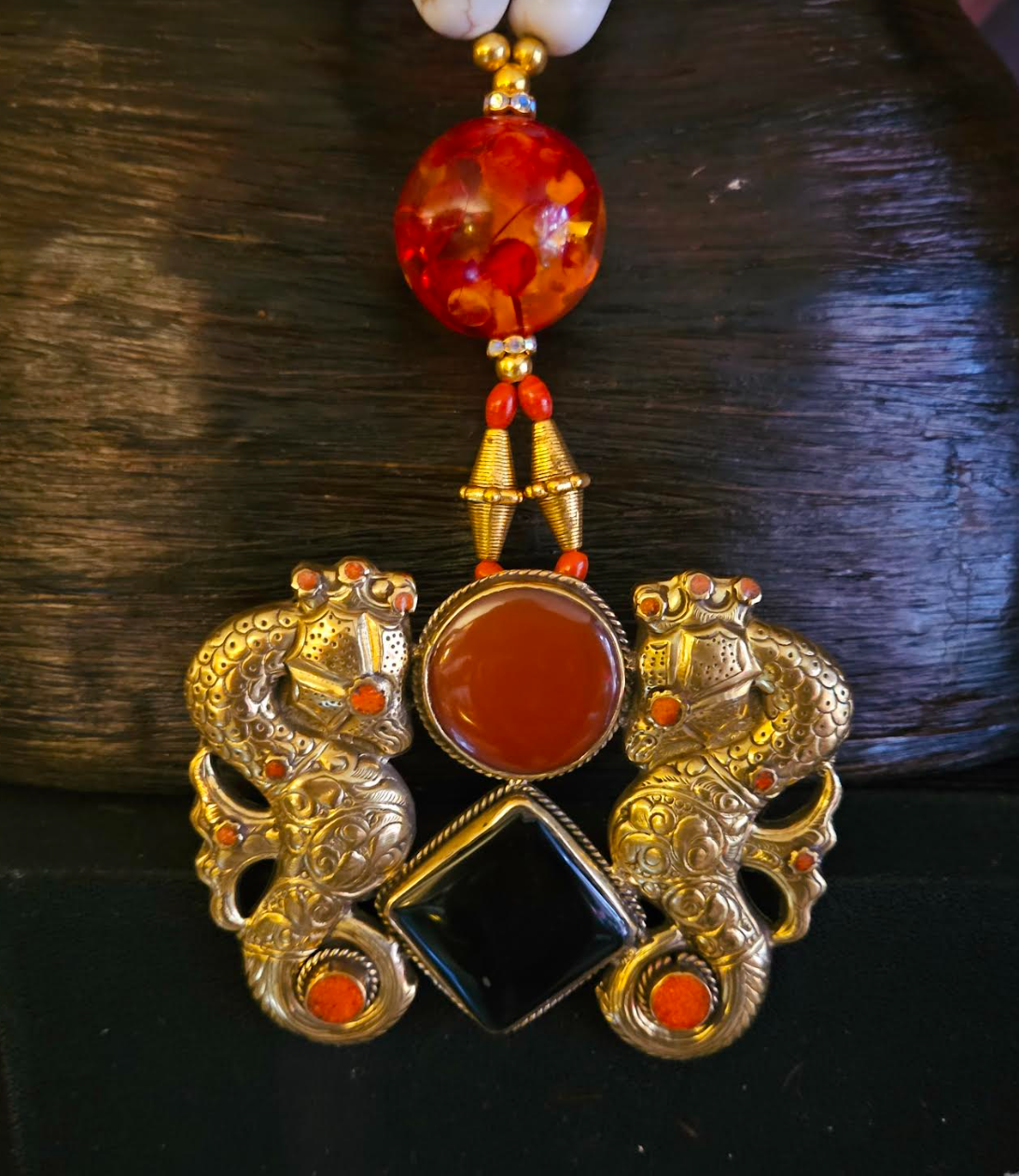 Faux Tibetan Amber Beaded Statement Rope with Double Seahorse Pendant
