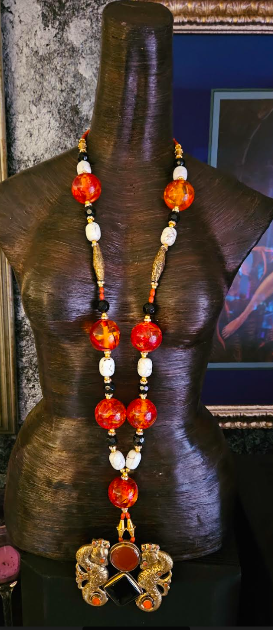 Faux Tibetan Amber Beaded Statement Rope with Double Seahorse Pendant