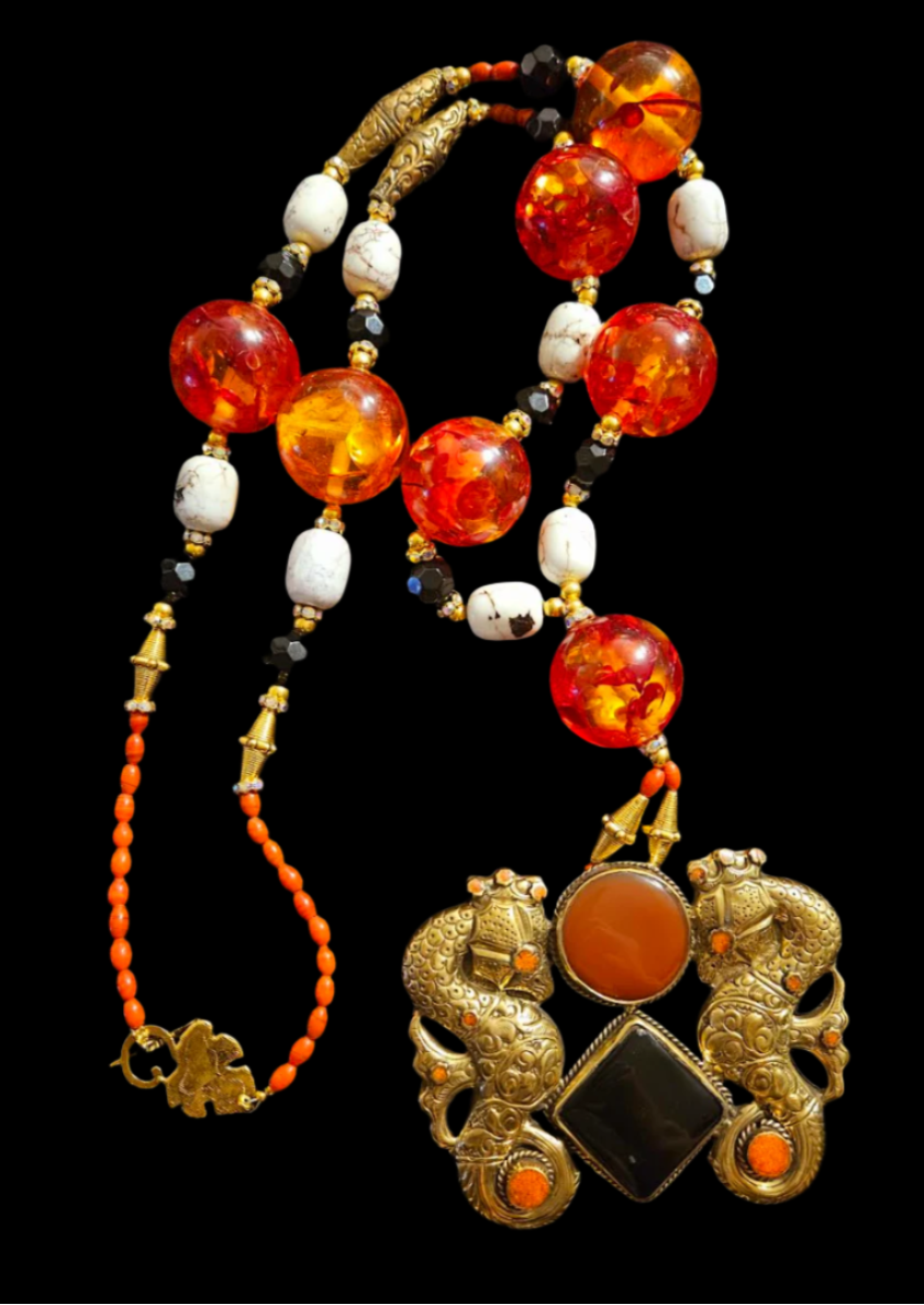 Faux Tibetan Amber Beaded Statement Rope with Double Seahorse Pendant
