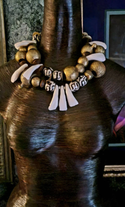 Choker Statement African Gold Off White Brown, Statement Luxury Neckla