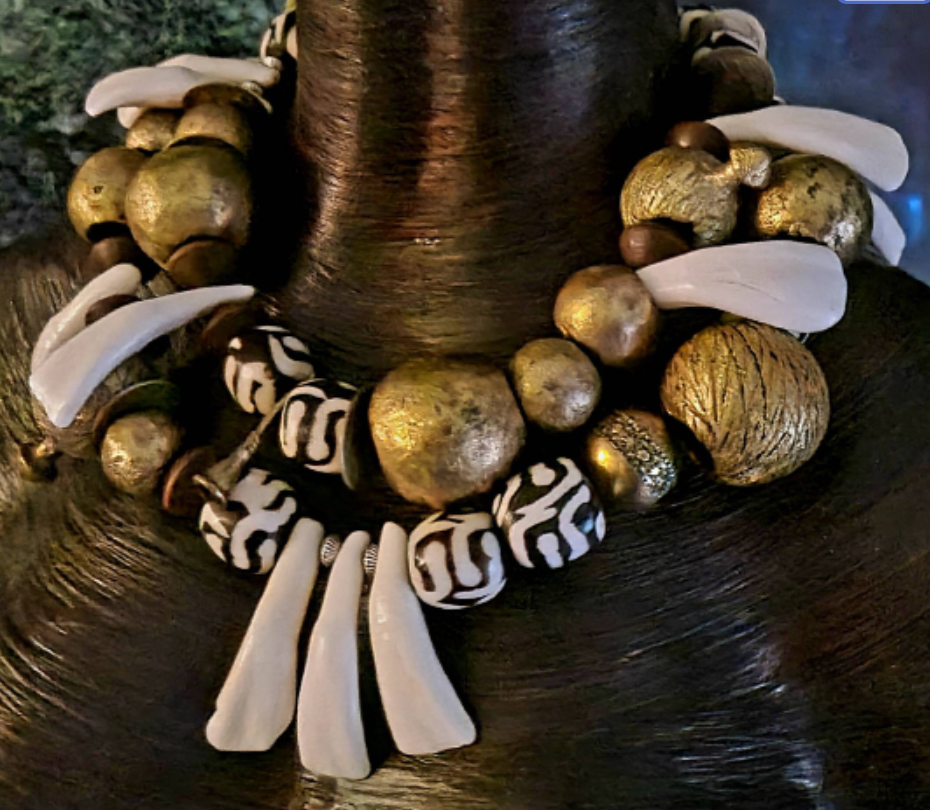 Choker Statement African Gold Off White Brown, Statement Luxury Neckla