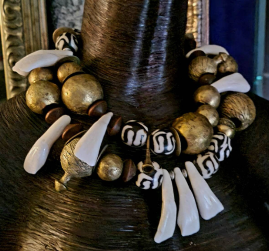 Choker Statement African Gold Off White Brown, Statement Luxury Neckla