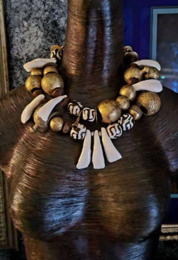 Choker Statement African Gold Off White Brown, Statement Luxury Neckla