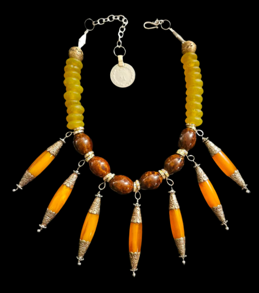 Brown Yellow & Orange Beaded Tribal Statement Luxury Necklace with Orn