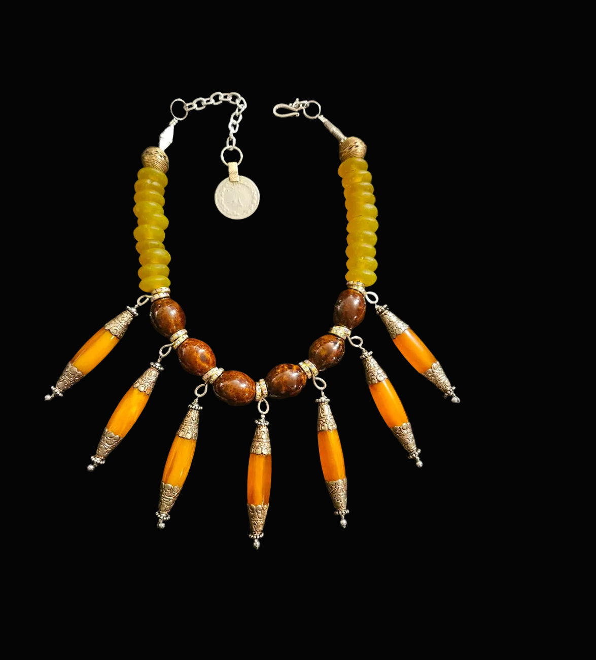 Brown Yellow & Orange Beaded Tribal Statement Necklace - Orange Dangle